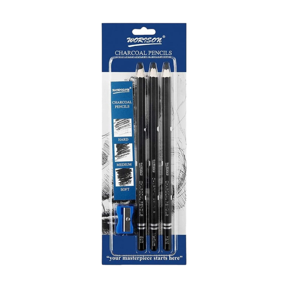 Worison Artist Charcoal Pencils Set of 3 - Soft, Medium, Hard + Sharpener Worison