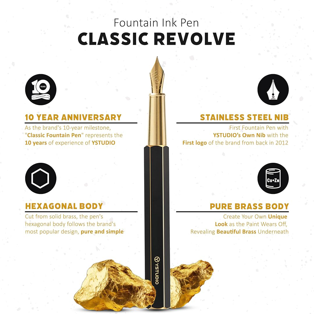 Ystudio | Fountain Pen | Black Hexogon | Classic Revolve | Brass Body | Medium Nib YSTUDIO