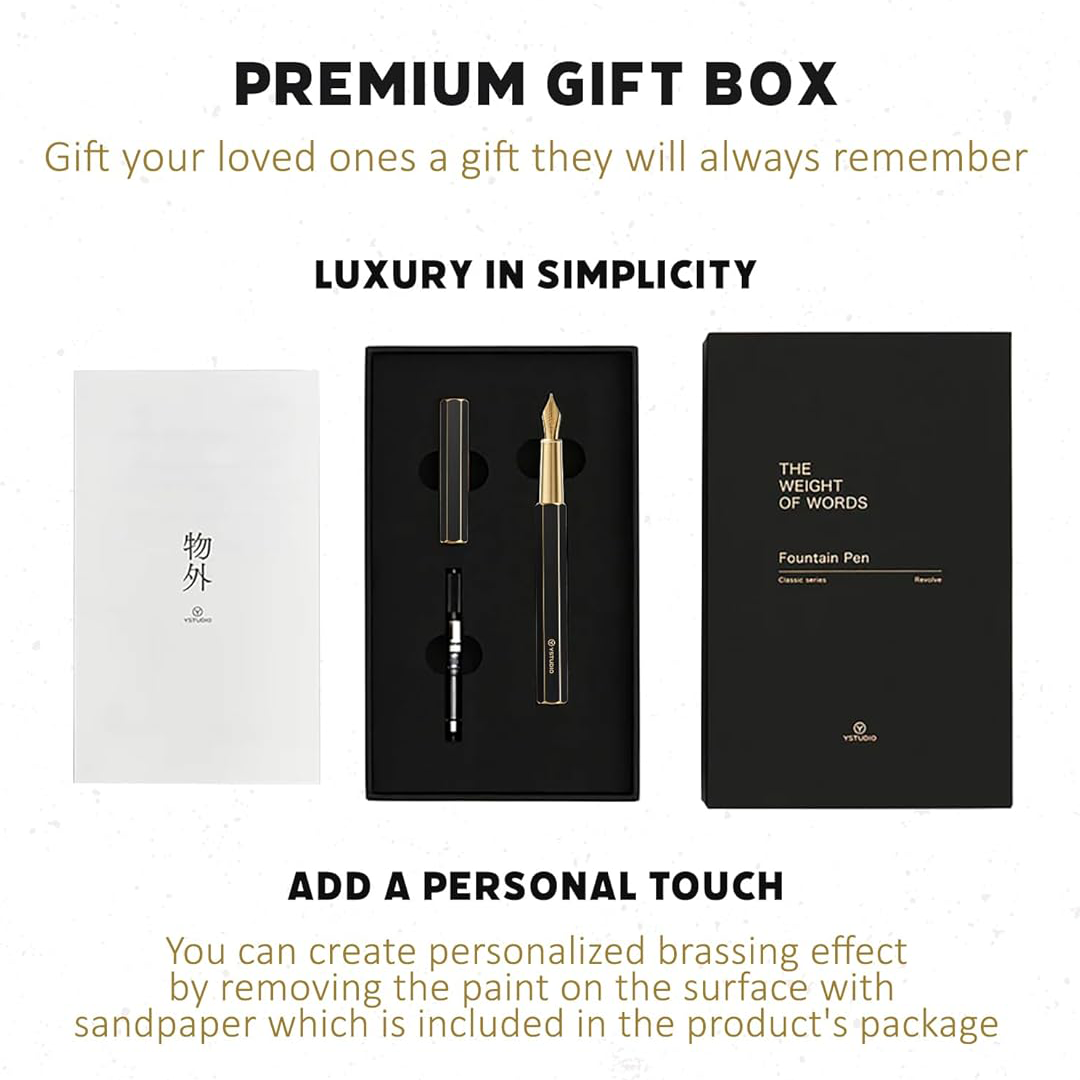 Ystudio | Fountain Pen | Black Hexogon | Classic Revolve | Brass Body | Medium Nib YSTUDIO
