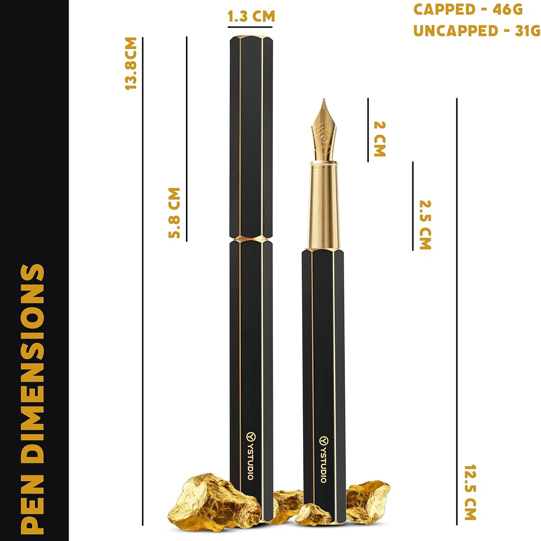 Ystudio | Fountain Pen | Black Hexogon | Classic Revolve | Brass Body | Medium Nib YSTUDIO