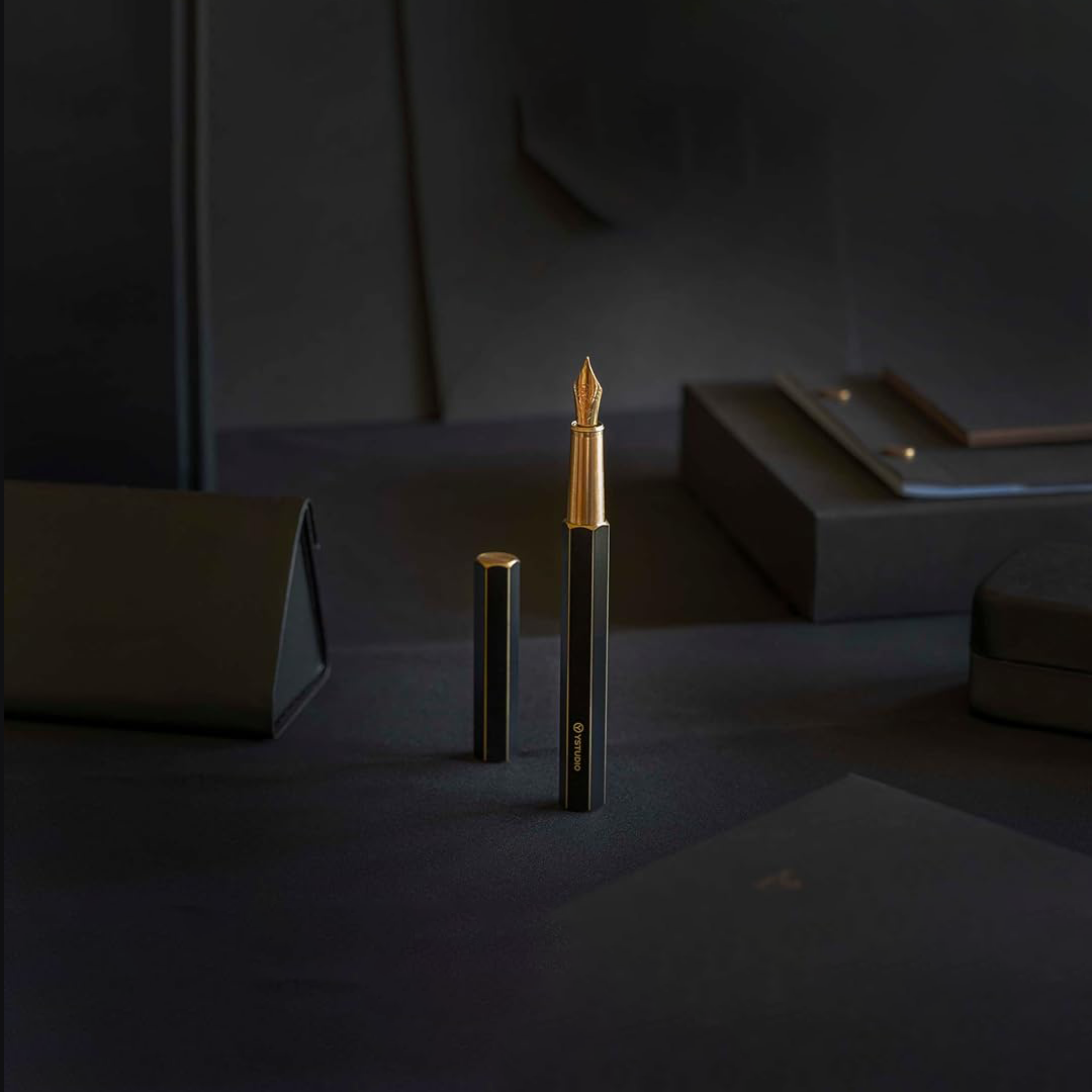 Ystudio | Fountain Pen | Black Hexogon | Classic Revolve | Brass Body | Medium Nib YSTUDIO