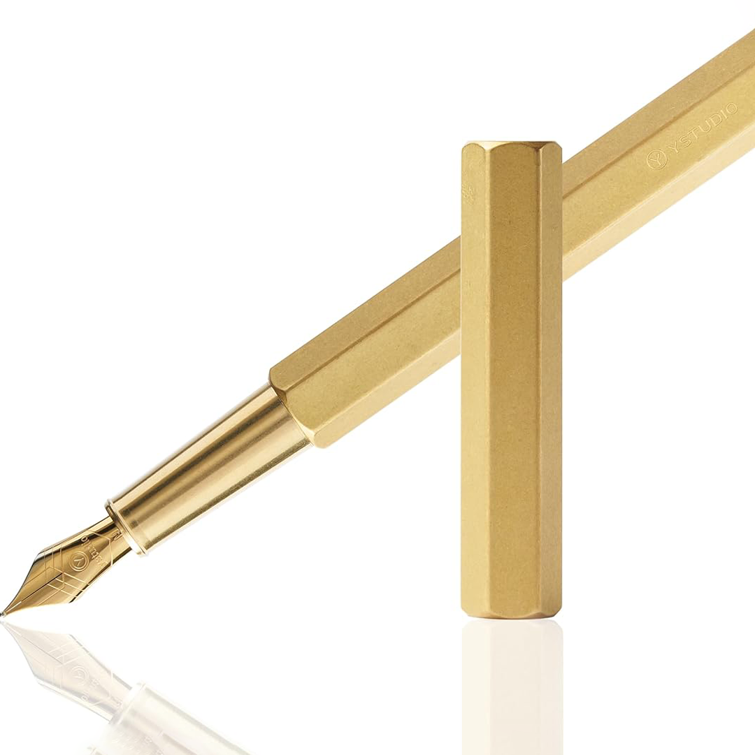 Ystudio | Fountain Pen | Brass Hexogon | Classic Revolve | Brass Body | Medium Nib YSTUDIO