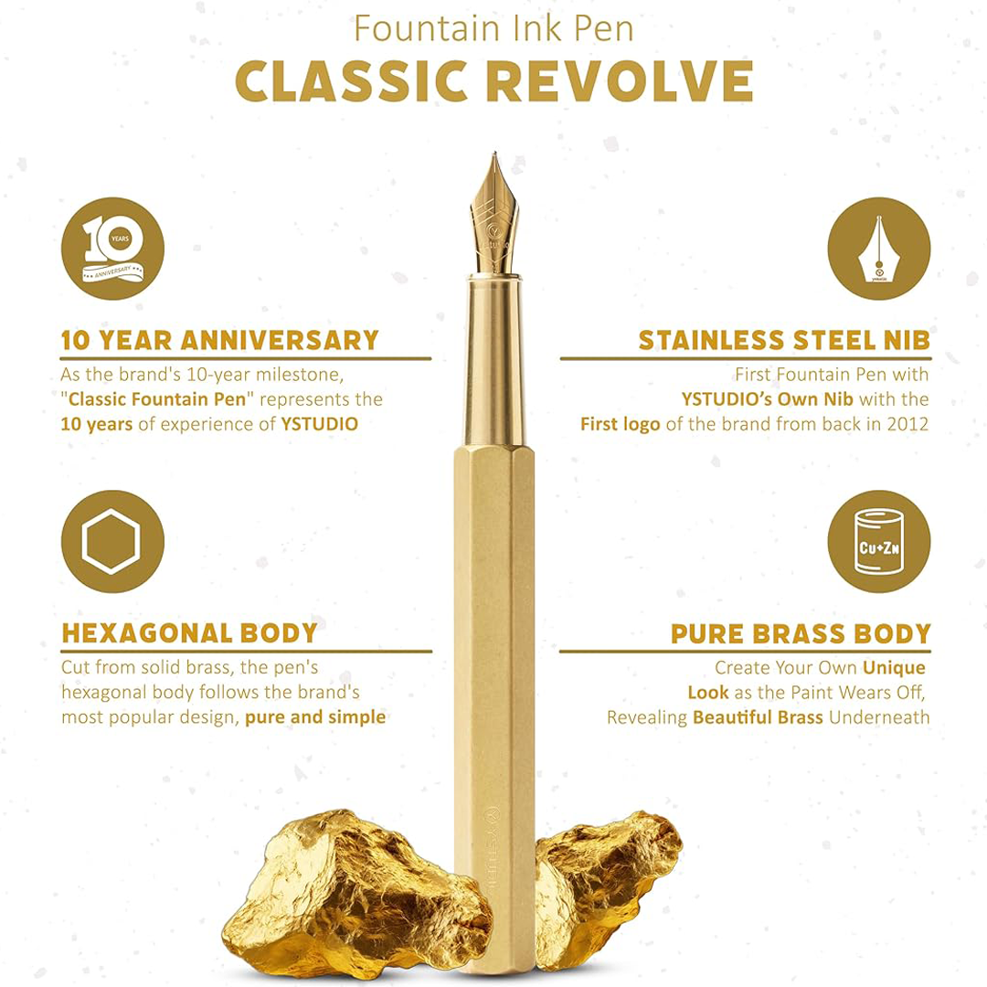 Ystudio | Fountain Pen | Brass Hexogon | Classic Revolve | Brass Body | Medium Nib YSTUDIO