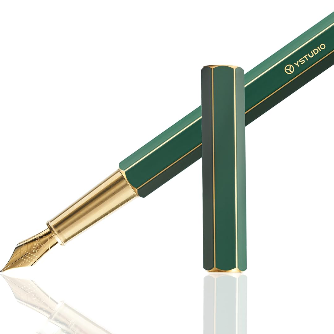 Ystudio | Fountain Pen | Green Hexogon | Classic Revolve | Brass Body | Medium Nib YSTUDIO