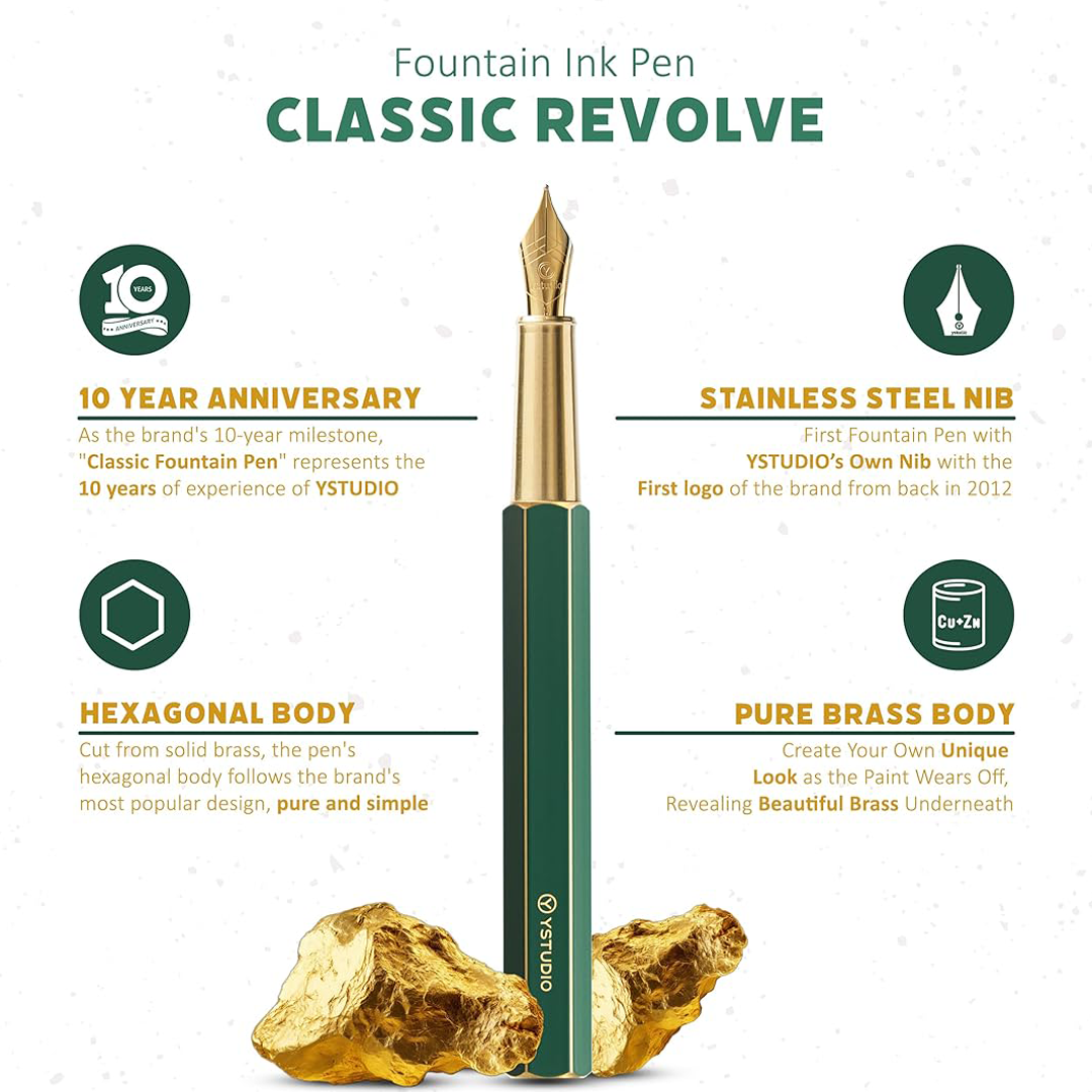 Ystudio | Fountain Pen | Green Hexogon | Classic Revolve | Brass Body | Medium Nib YSTUDIO