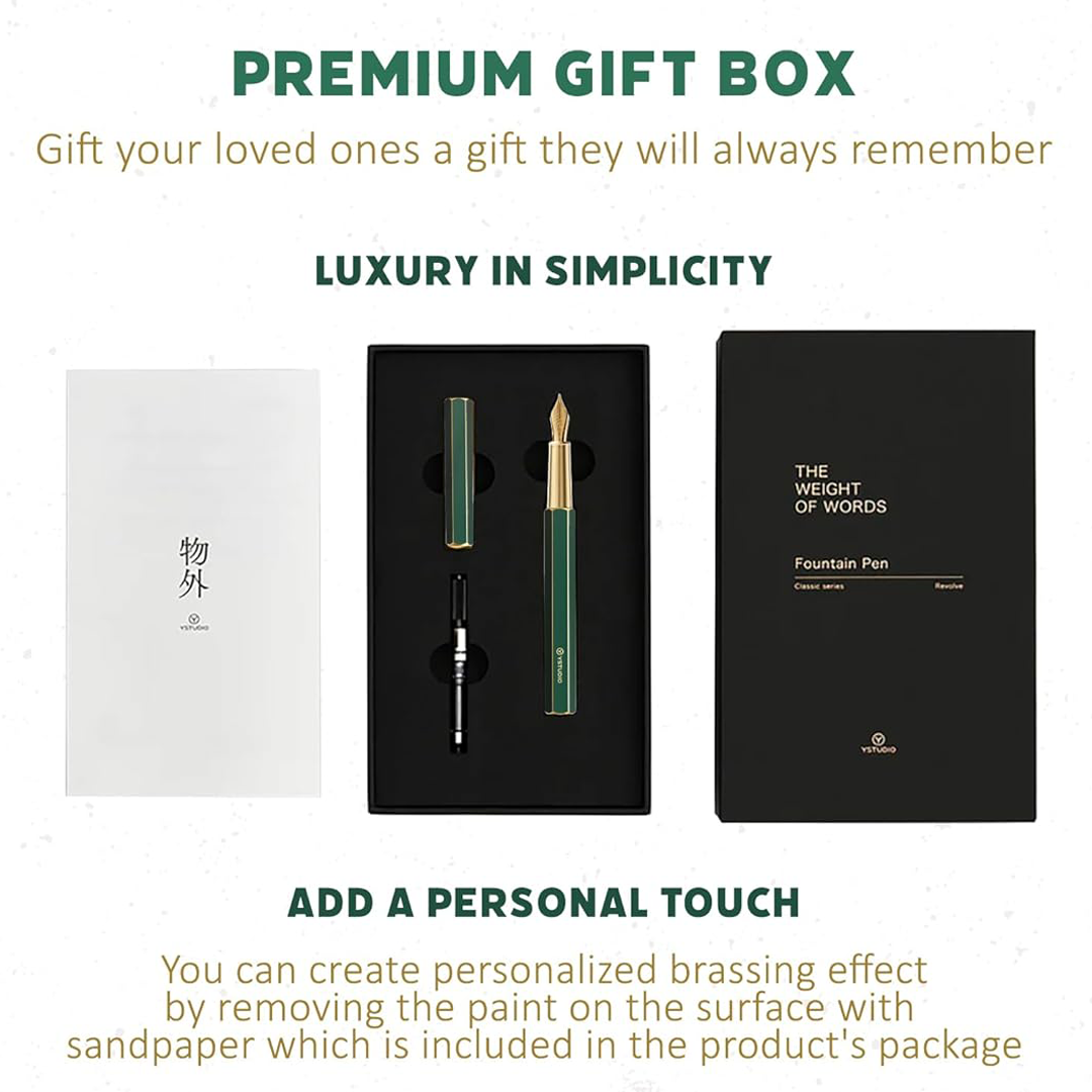 Ystudio | Fountain Pen | Green Hexogon | Classic Revolve | Brass Body | Medium Nib YSTUDIO