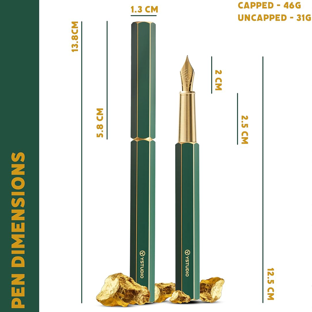 Ystudio | Fountain Pen | Green Hexogon | Classic Revolve | Brass Body | Medium Nib YSTUDIO