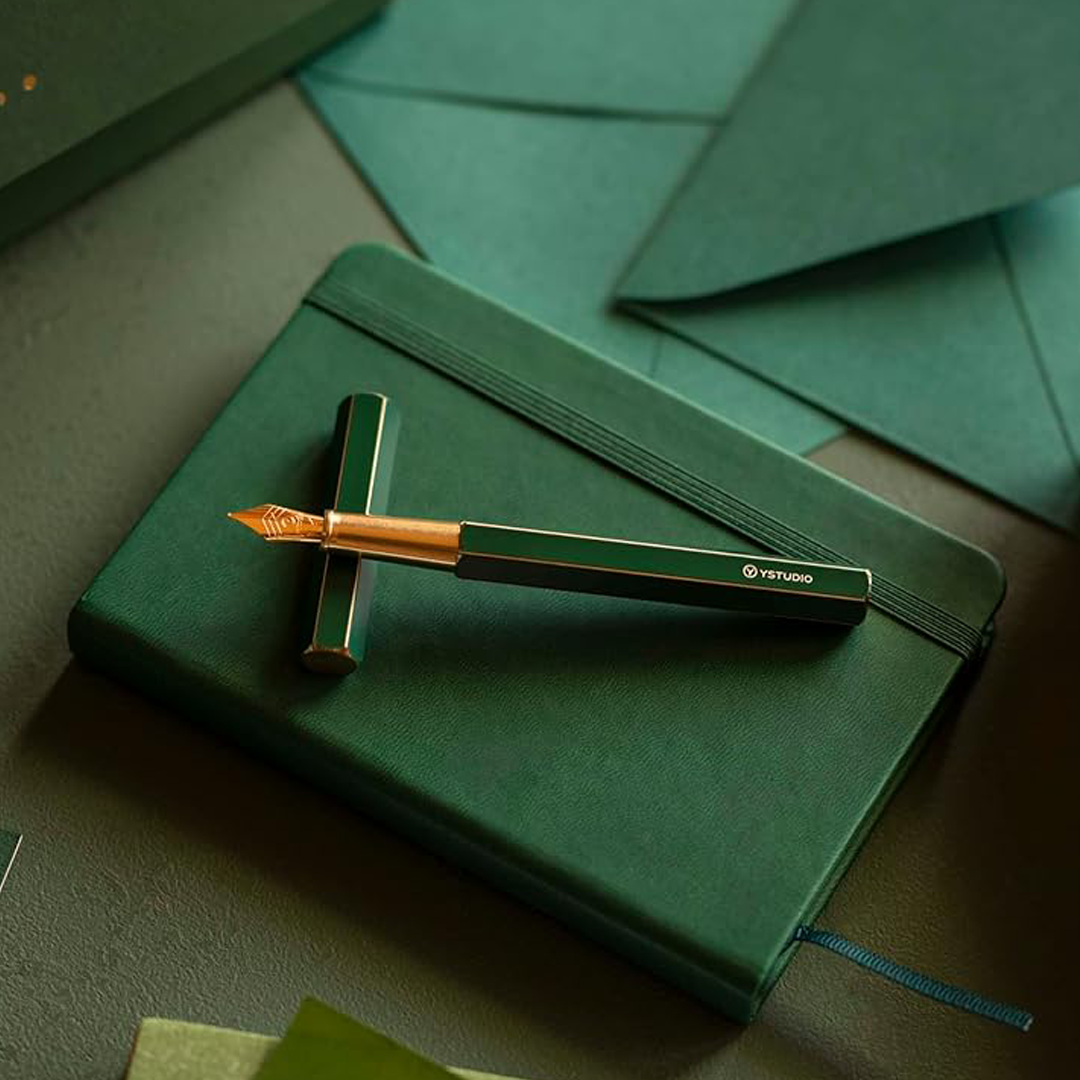 Ystudio | Fountain Pen | Green Hexogon | Classic Revolve | Brass Body | Medium Nib YSTUDIO