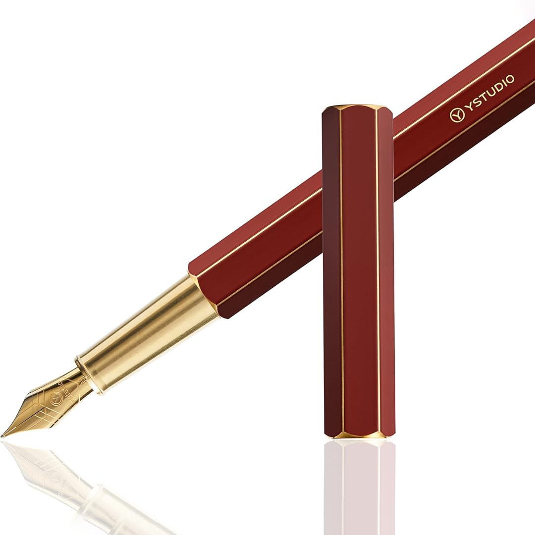 Ystudio | Fountain Pen | Red Hexogon | Classic Revolve | Brass Body | Medium Nib YSTUDIO