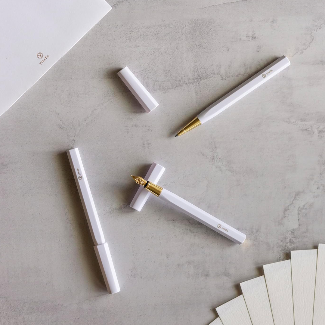 Ystudio | Fountain Pen | Resin Series | Acrylic Brass White | Medium Nib YSTUDIO