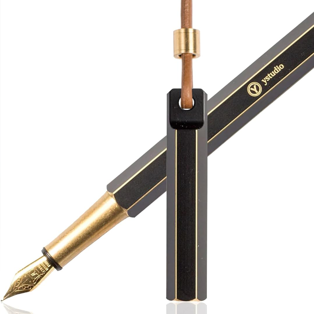 Ystudio | Portable Fountain Pen | Black Metal | Brass Body | Medium Nib | Classic Revolve Series YSTUDIO