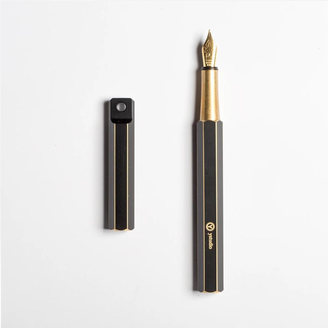 Ystudio | Portable Fountain Pen | Black Metal | Brass Body | Medium Nib | Classic Revolve Series YSTUDIO