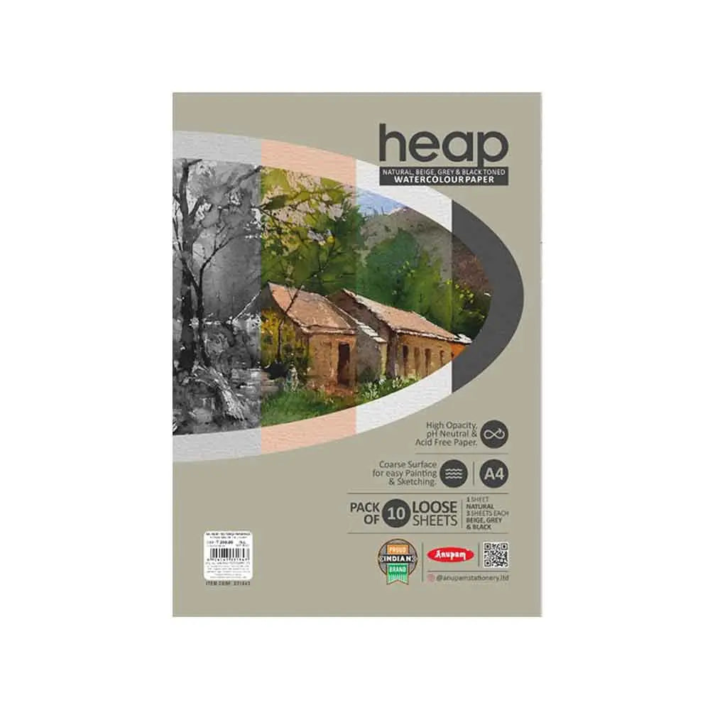Anupam Heap Natural, Beige, Grey & Black Toed 4 Colors Watercolour Paper Size A4  10 sheet Canvazo