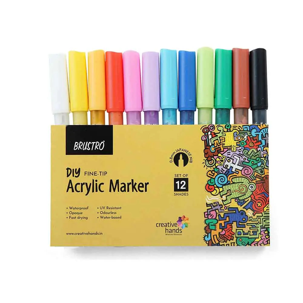 Brustro Acrylic (DIY) Fine Tip Marker (0.8mm Japanese NiB) Set of 12 Shades Front Side