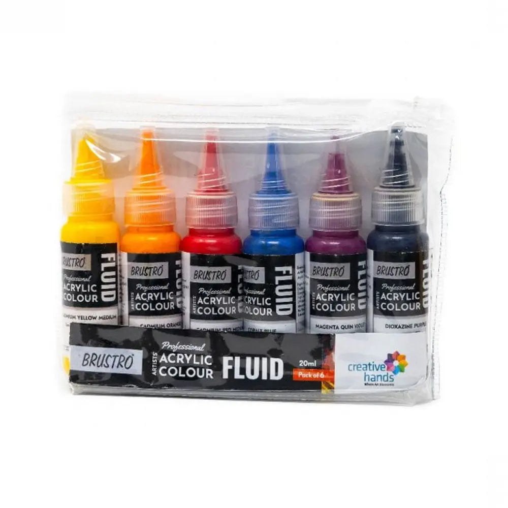 Brustro Professional Artists Acrylic Colour Fluid 20ml Pack Of 6 - High Chroma Brustro