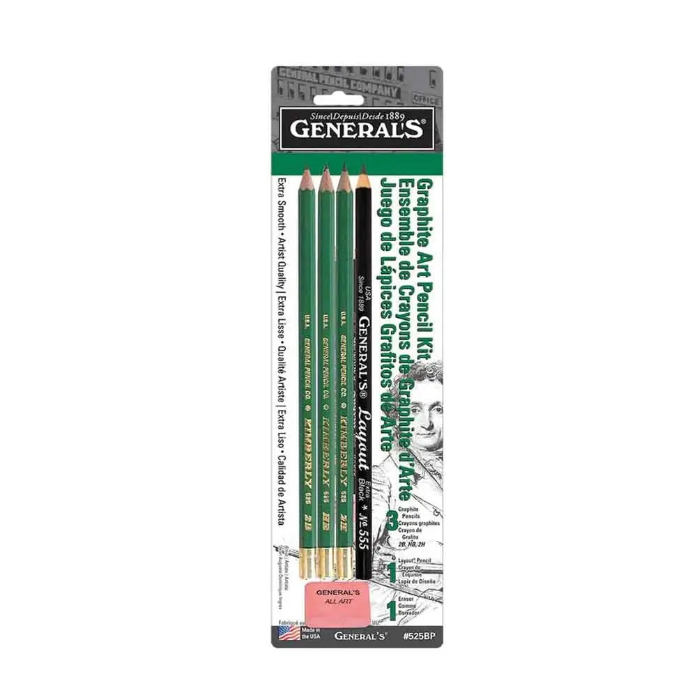 General's Kimberly Premium Graphite Drawing Pencils - Set of 3 + Layout Pencil + Eraser Generals