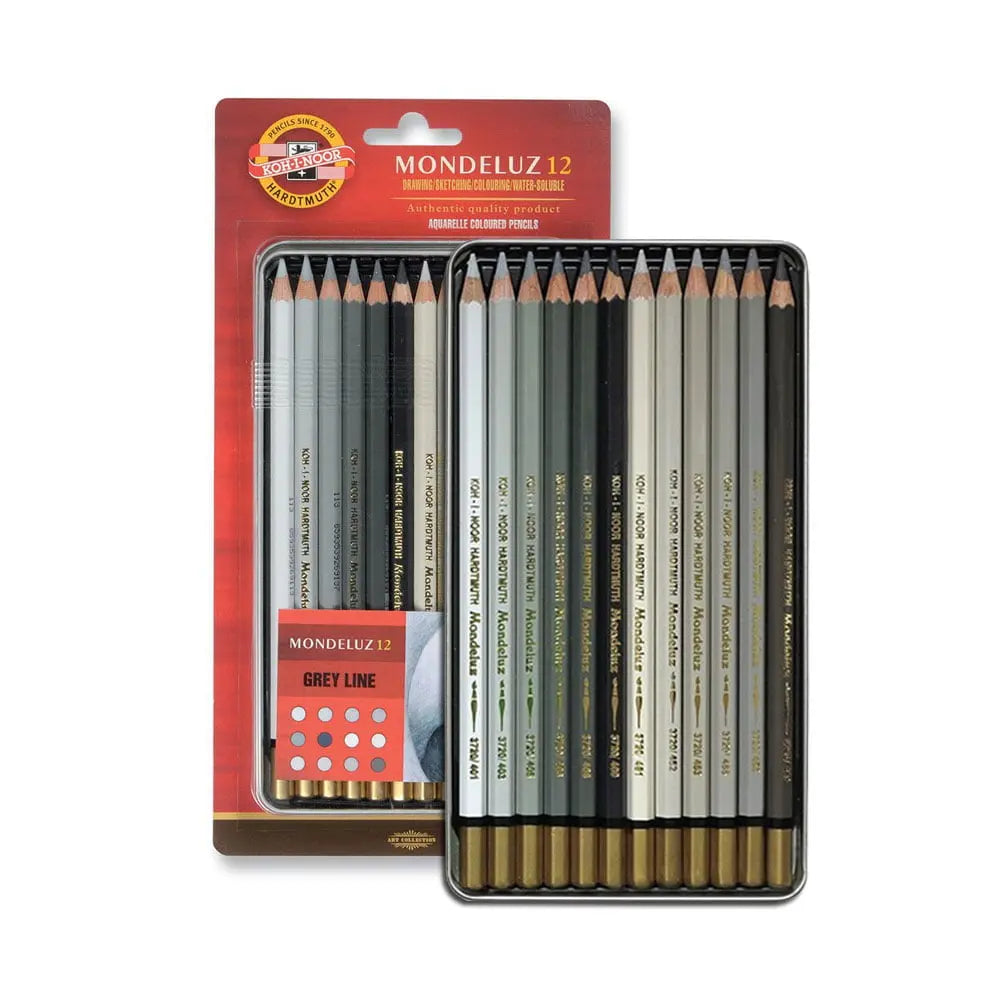 Kohinoor Hardtmuth Mondeluz  Artists Coloured Pencils - Gray Line Set Of 12 In Tin Box Kohinoor