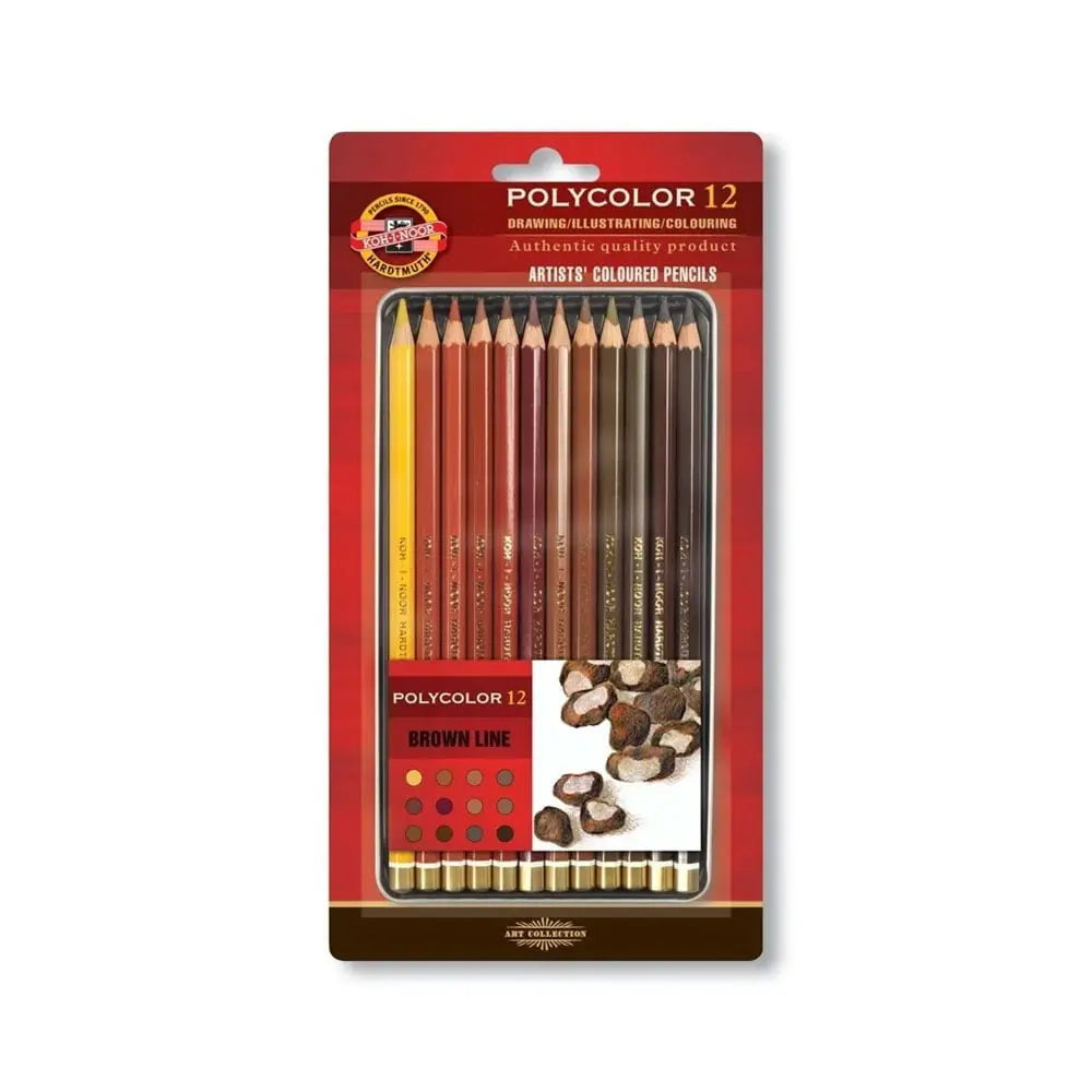 Kohinoor Hardtmuth Polycolor Artists Coloured Pencils - Brown Line Set Of 12 In Tin Box Kohinoor