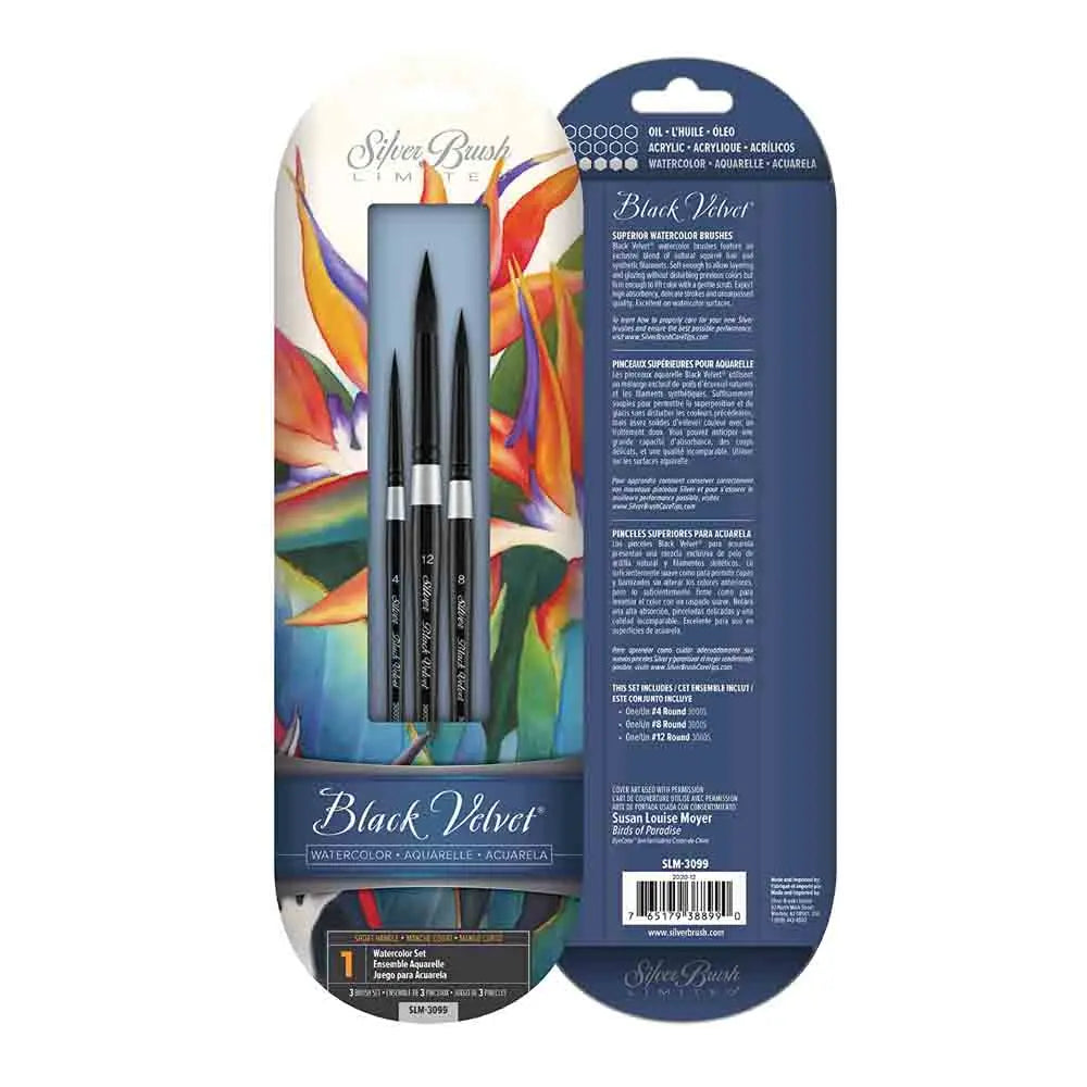 Silver Brush Limited SLM 3099 Susan Louise Moyer Basic Watercolor Brush Set, Set of 3, Black Velvet Round Brushes, Sizes 4, 8, and 12 Silver