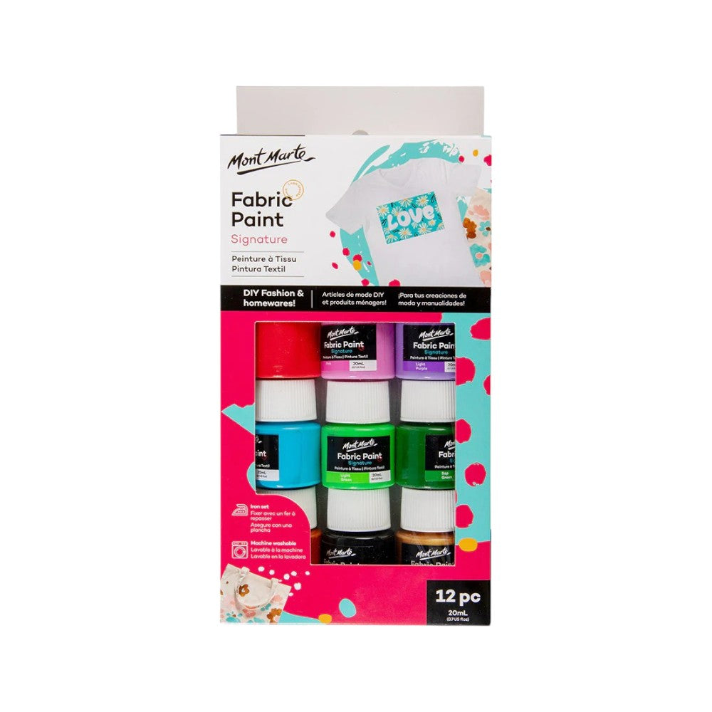 Mont Marte Fabric Paint Set (12x20ml) featuring vibrant and permanent fabric paints.