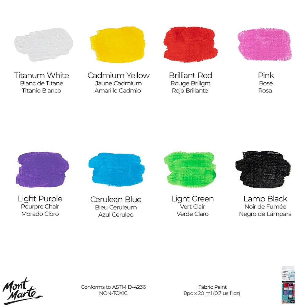 Mont Marte Fabric Paint Set (8x20ml) colour chart displaying White, Black, Yellow, Green, Pink, Blue, Red, and Purple shades.