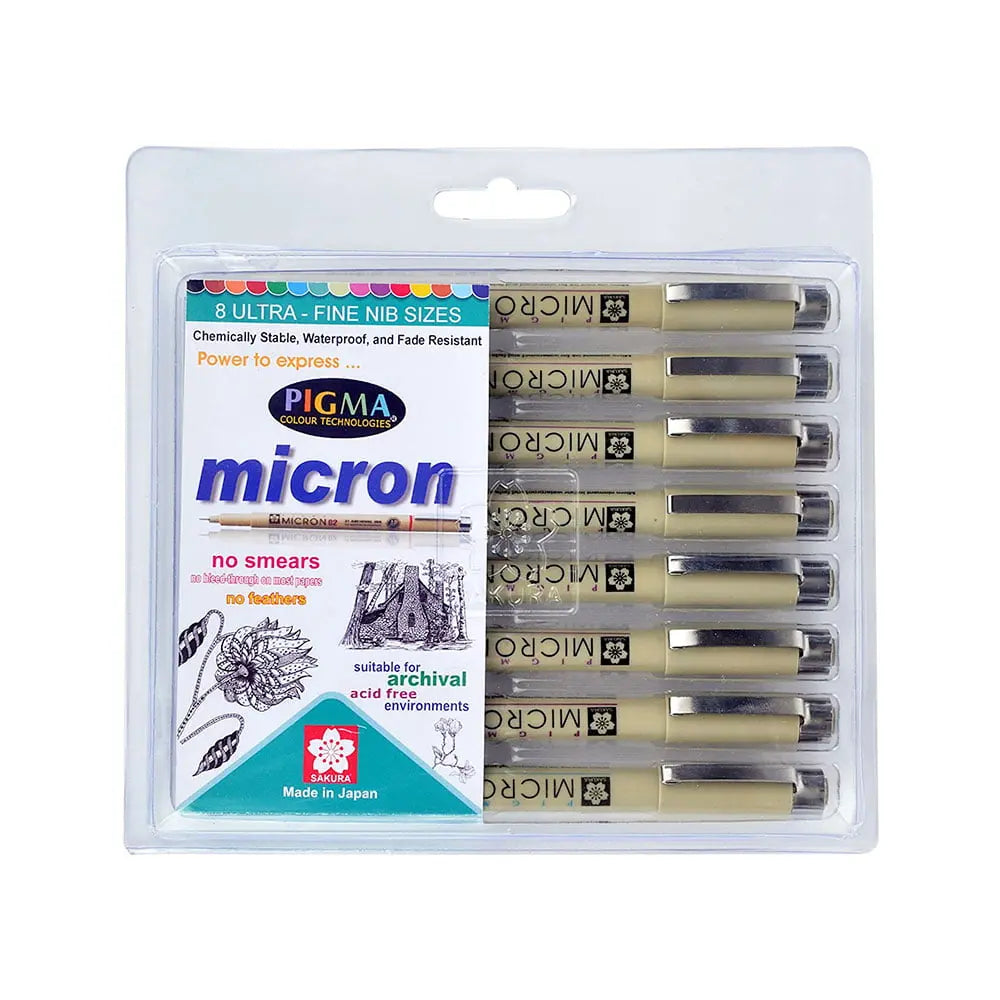 Sakura Pigma Micron Ultra Fineliner Mandala Pens Set of 8 - Premium black ink pens with ultra-fine nibs (003, 005, 01, 02, 03, 05, 08, PN) for mandala art, zentangle, and professional illustration.