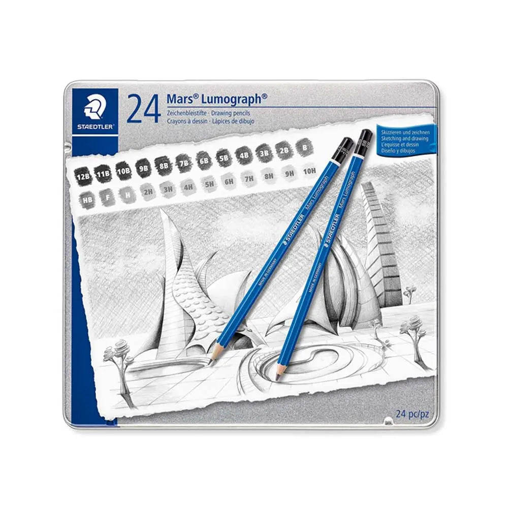 Staedtler Mars Lumograph Pencil Tin Set of 24 - Blue variant, full graphite range from 12B to 10H for professional sketching and shading.