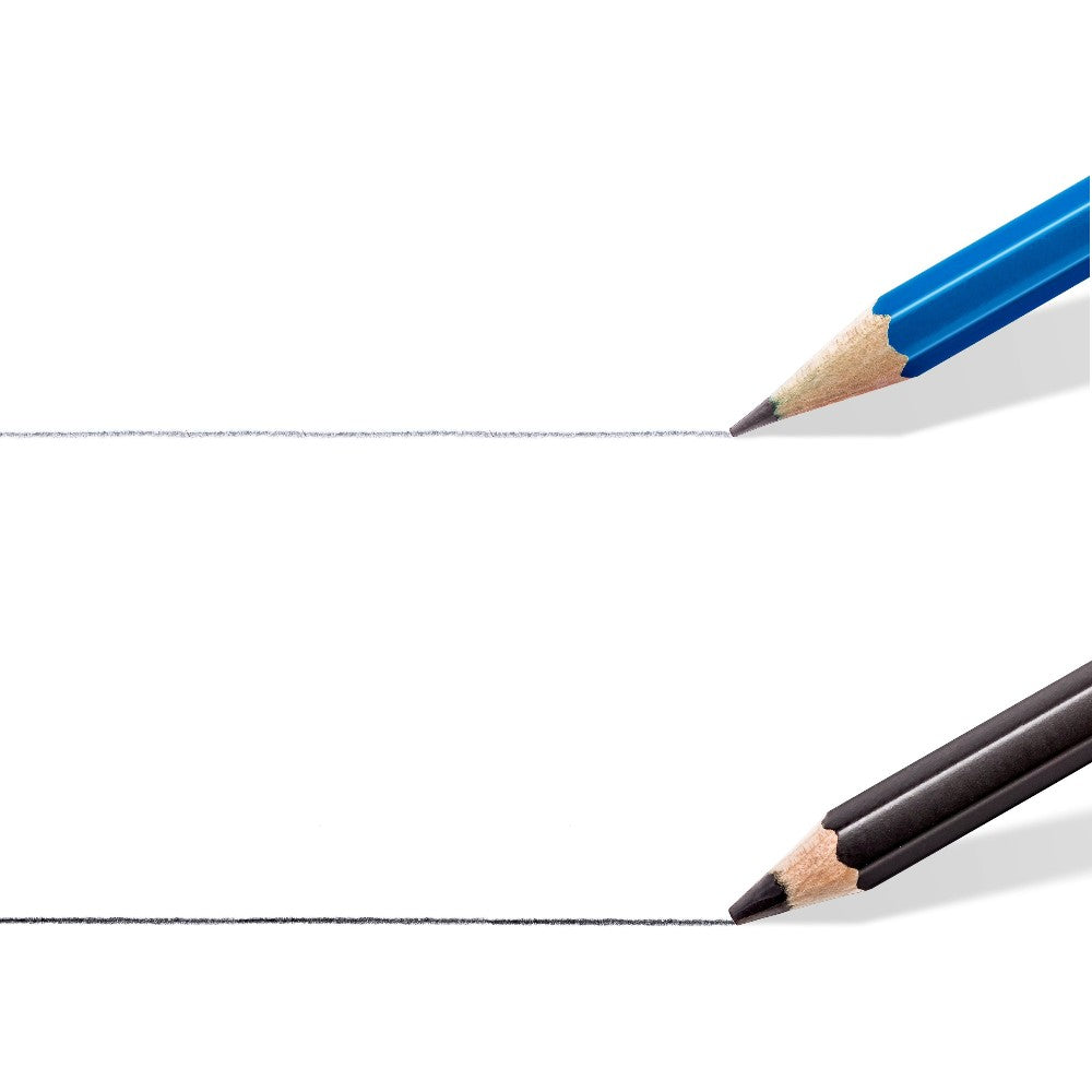 Close-up of Staedtler Mars Lumograph Blue and Black pencil tips showing metallic and matte graphite finishes.